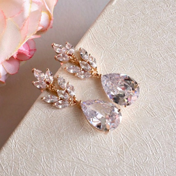 Rose Gold Art Nouveau Marquise Leaf Bridal Earrings, Crystal Leaf Teardrop Earrings, Dangle Drop Earrings, Bridesmaid Wedding Bridal Jewelry