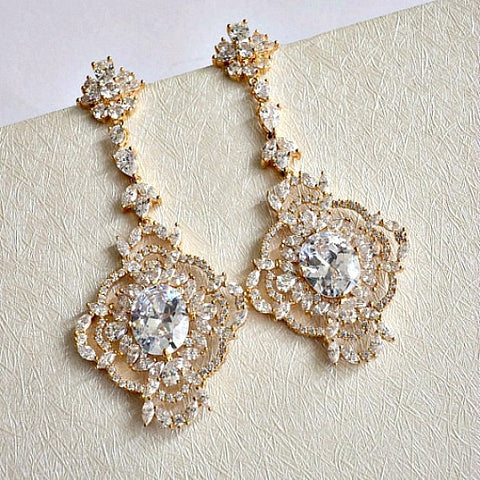 Rose Gold Art Deco CZ Crystal Wedding Earrings, Long Cubic Zirconia Bridal Earrings, Vintage Style Chandelier Earrings, Statement Earrings
