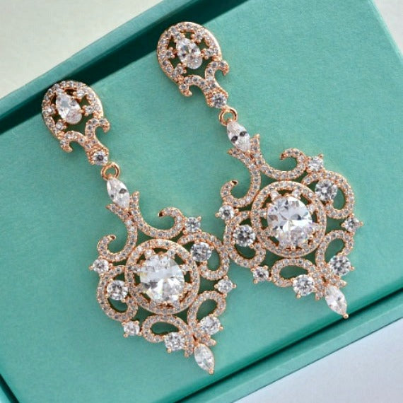 Rose Gold Art Deco Wedding Earrings. Long Crystal CZ Chandelier Wedding Earrings. Victorian Dangle Wedding Earrings. Vintage Bridal Earrings