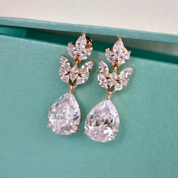Rose Gold Art Nouveau Marquise Leaf Bridal Earrings, Crystal Leaf Teardrop Earrings, Dangle Drop Earrings, Bridesmaid Wedding Bridal Jewelry