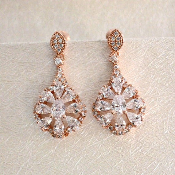 Rose Gold Bridal Earrings. Rose Gold Cubic Zirconia Flower Teardrop Earrings. Blush Wedding Jewelry. Bridesmaids Earrings. Bridal Gift.
