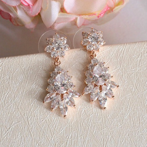 Rose Gold Art Deco Floral Bridal Earrings. Rose Gold Cubic Zirconia Crystal Dangle Earrings. Rose Gold Marquise CZ Crystal Wedding Earrings.