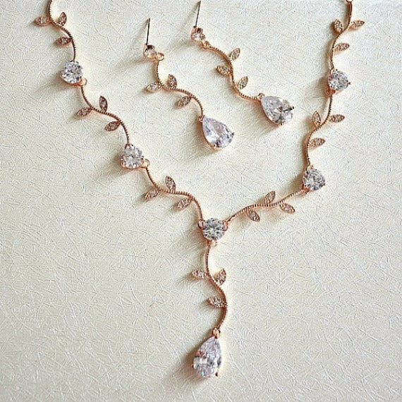 Rose Gold Crystal Vine Y Necklace And Earrings Set. CZ Crystal Wedding Necklace Set, Rose Gold Bridal Wedding Jewelry Set. Blush Wedding.