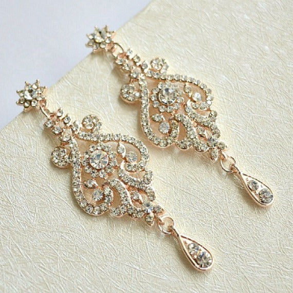 Rose Gold Crystal Bridal Jewelry Set. Rose Gold Rhinestone Wedding Jewelry Set. V Shape Statement Crystal Bridal Bib Necklace Earrings Set.