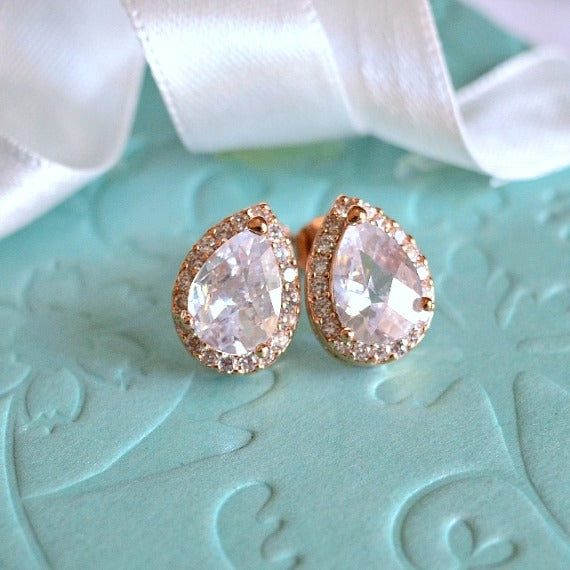Rose Gold Plated Crystal Bridal Post Studs, LUX Cubic Zirconia Teardrop Wedding Stud Earrings, Rose Gold CZ Drop Bridesmaid Earrings