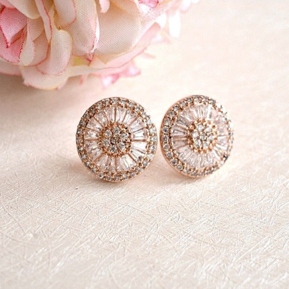 Rose Gold Wedding Stud Earrings. Round Crystal Bridal Stud Earrings. CZ Art Deco Statement Stud Earrings. Rose Gold Studs Bridesmaid Earrings