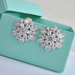 Silver Cubic Zirconia Flower Cluster Stud Earrings, Sunburst Crystal Stud Wedding Earrings, Art Deco CZ Bridal Stud Earrings
