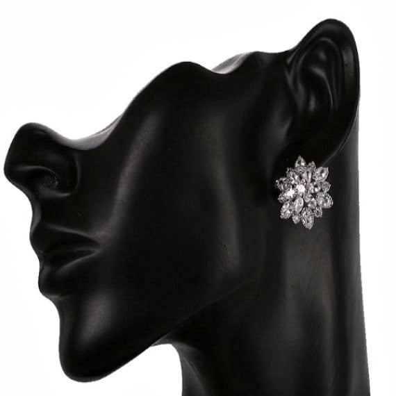 Silver Cubic Zirconia Flower Cluster Stud Earrings, Sunburst Crystal Stud Wedding Earrings, Art Deco CZ Bridal Stud Earrings