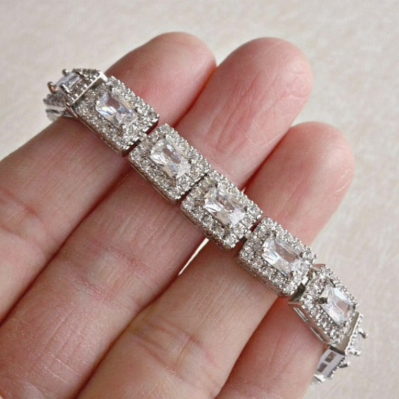 Classic Princess Cut Rectangle Bridal Bracelet, CZ Crystal Wedding Bracelet, Baguette Tennis Link Bracelet, Geometric Bridal Jewelry