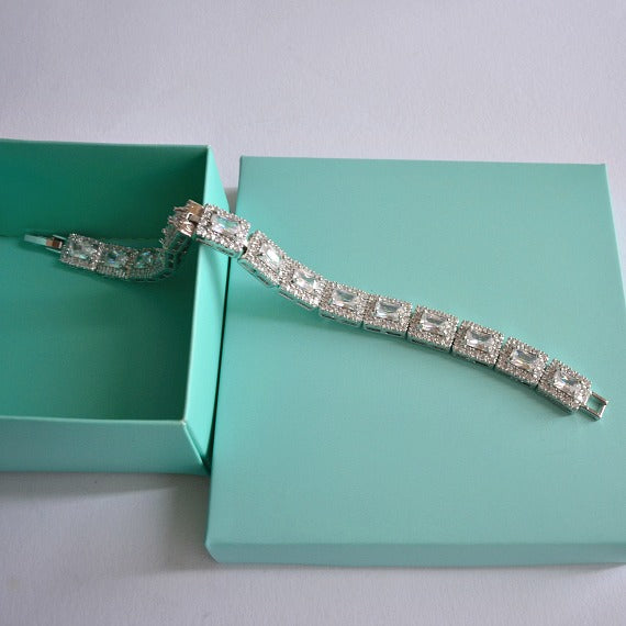 Classic Princess Cut Rectangle Bridal Bracelet, CZ Crystal Wedding Bracelet, Baguette Tennis Link Bracelet, Geometric Bridal Jewelry