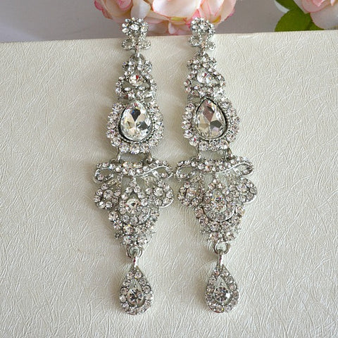 Vintage Style Long Chandelier Bridal Earrings, Rhinestone Crystal Long Wedding Earrings, Bling Prom Earrings, Bridal Wedding Jewelry