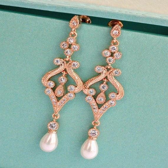 Rose Gold Pearl Drop Bridal Earrings. Pearl Crystal CZ Chandelier Bridal Earrings. Wedding Earrings. Wedding Jewelry. Bridesmaid Earrings.