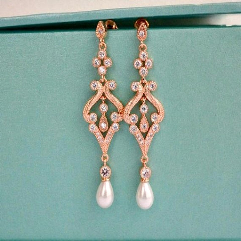 Rose Gold Pearl Drop Bridal Earrings. Pearl Crystal CZ Chandelier Bridal Earrings. Wedding Earrings. Wedding Jewelry. Bridesmaid Earrings.